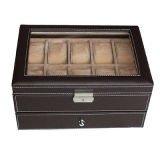20 DARK BROWN LEATHER MENS WATCH DISPLAY CASE GLASS TOP COLLECTOR BOX 