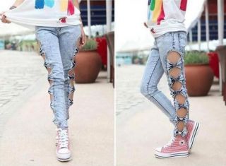 Woman Jeans Side Bow Cutout Ripped Denim Sexy Jeans/trousers/Jeggings