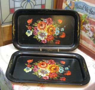 Vintage Shabby Chippy Toleware Trays Black With Floral Design