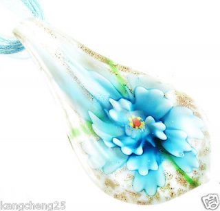   Lotus Flower Lucency Lampwork Murano Art Glass Pendant Ribbon Necklace