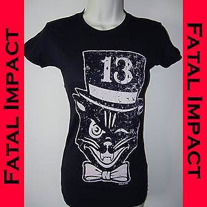 Lucky 13 Psychobilly Gothic Punk Mr Katz Kitty Cat Black Girly T Shirt 