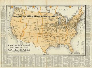 1930 US WALL MAP NATIONS RADIO BROADCASTING STATIONS