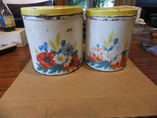 Old Vintage Antique Metal Tin Counter Can Flowers Flour Sugar Set of 2 
