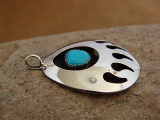 Navajo Indian Sterling Silver Turquoise Bear Paw Pendant