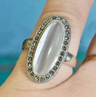   Natural Cat Eye Moonstone Marcasite 925 Silver Sterling Ring 8 (UK Q