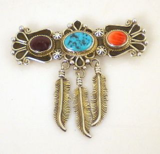 Navajo Spiny Oyster Turquoise Feather Dangle Sterling Silver Pin By D 