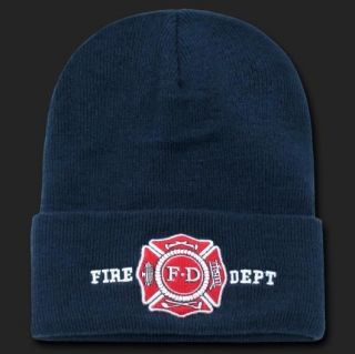 Navy Blue Fire Dept Department Fireman Rescue Cuff Beanie Knit Cap Hat 