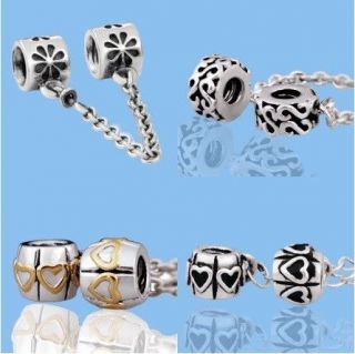   Sterling Silver European Bead 4 Bracelet CHARM SAFETY CHAIN   4 STYLES