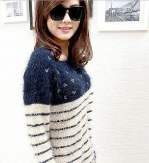   Unique Dark Blue Long Sleeve Striped&Anchor Sweater 