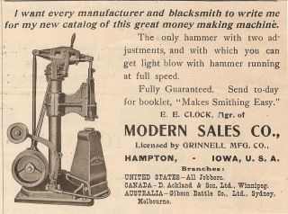 1911 GRINNELL MODERN SALES POWER TRIP HAMMER AD BLACKSMITH HAMPTON IA 
