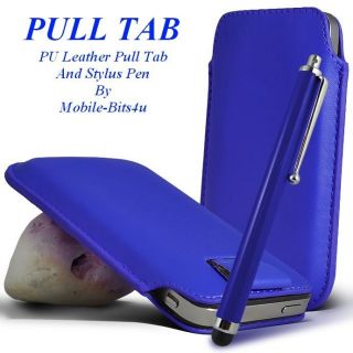 Blue Premium Leather Pull Tab Cover Pouch and Stylus Pen for Various 