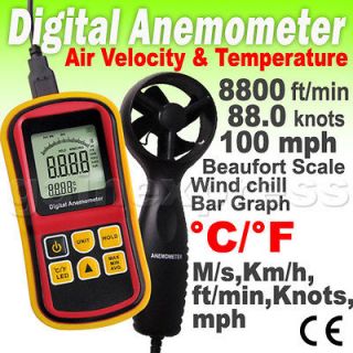 in 1 Digital Anemometer Wind Speed Meter Thermometer 0~45m/s Bar 