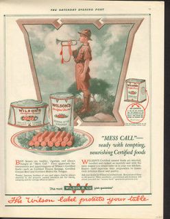 FP 1920 BUGLE BLOWING BOY SCOUT CAMP WILSON SAUSAGE FOOD COOK 
