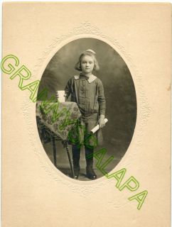Antique Photo Cute Little Girl Standing Holdi​ng Rolled Paer & Bible 