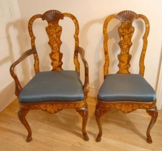 Set 8 English Queen Anne Marquetry Inlay Dining Chairs