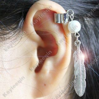   Leaf Feather Pearl Dangle Ear Cuff Stud Earrings Non Pierced Goth Punk