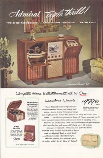 1948 ADMIRAL TELEVISION / PHONOGRAPH / RADIO CONSOLE Vintage Print Ad
