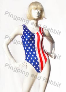 American Flag Satin Shiny One Piece Swimsuit Bodysuit Leotard Romper 