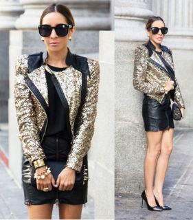   LEATHER PATCH METALLIC SEQUIN BLAZER JACKET OUTERWEAR FALL With POCKET