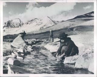 1954 Peru, Bolivian Indian Women Wash Clothes in Stream in the Andes 