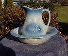 Blue and White Stoneware Childs Pitcher and Bowl