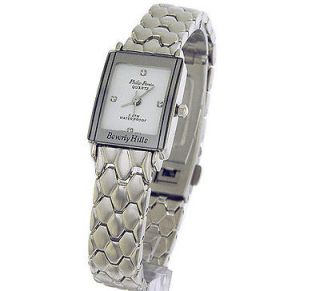  Beverly Hills Ladies Crystal Square Analog Silver Tone Watch White