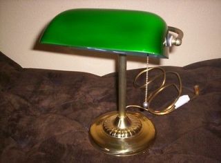   GREEN Glass SHADE Brass Bankers Piano Desk TABLE LAMP Pull Chain