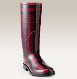   Bright Burgundy Plaid Tall Rubber Rain Boots EU 37 6 6.5 38 7 7.5