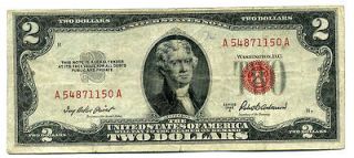   TWO DOLLAR BILL UNITED STATES US $2 PAPER MONEY NOTE#A54871150​A RED