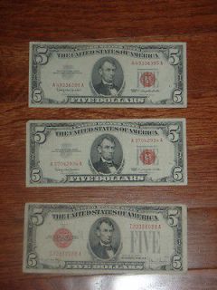 Five Dollars $5 Bills RED SEAL Note 1928F 1963