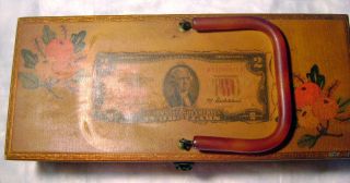   WOODEN **POCKETBOOK**​ HANDMADE (195​3A TWO DOLLAR BILL ON TOP