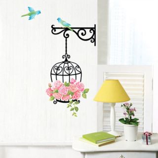 BLUE BIRD & PINK ROSE Removable Vinyl Decal Wall Paper