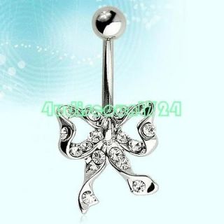 STAINLESS STEEL NAVEL NAIL RHINESTONE BOWKNOT BELLY RING BODY PIERCING