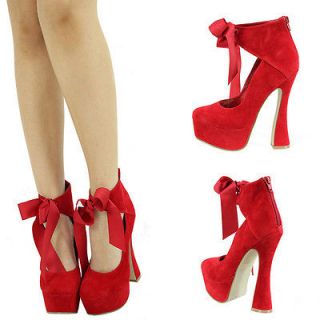 RED RIBBON LACE UP MARY JANE THICK HIGH HEEL PLATFORM STILETTO PUMP 