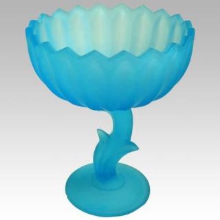   BLUE SATIN GLASS Open Tulip Flower Floral CANDY DISH Compote Comporte