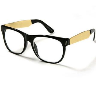 New Retro Wayfarer Eye Glasses Frame Gold Metal Temples Clear Lenses 