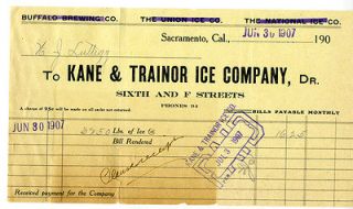   Billhead Kane & Trainor Ice Company Buffalo Brewing Co Sacramento CA