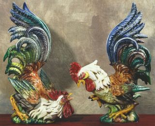 Intrada Large Fighting Cesare Roosters Made in Italy Ceramic Italian 