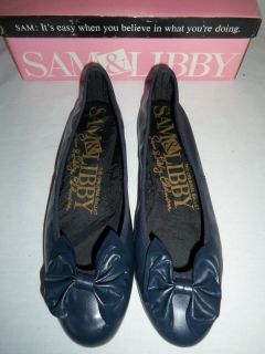 Vintage 80s Sam Libby Navy Blue Leather Ballet Bow Flats Shoes 9 w/Box