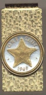 Bahamas 1 Cent Starfish Money Clip Gold on Silver Coin Jewelry