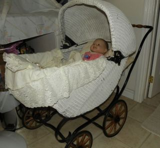 Antique old baby doll pram carriage buggy white wicker with bereunger 