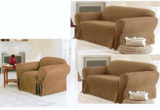 PC Tan Micro Suede Couch Sofa + Loveseat + Chair Slip Cover New