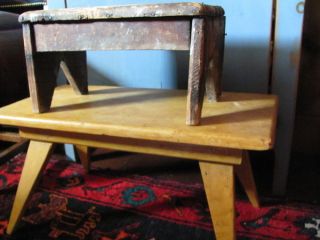   Folky Primitive Wooden Mustard Paint Splay Leg Stool Bench Child Table