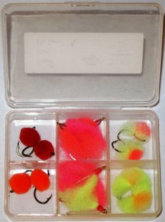Pigeon River Egg Fly Starter Kit 12 Flies in a small tackle box