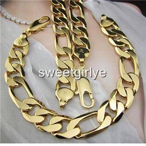 Heavy Men 24k Yellow gold filled necklace+Bracelet Set GF Figaro chain 