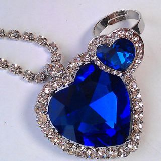 STUNNING HEART OF THE OCEAN BLUE NECKLACE AND RING BEAUTIFUL RARE GIFT 