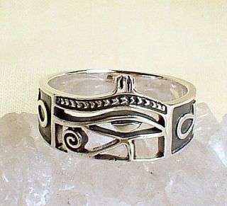 925 Sterling Silver Egyptian Eye of Horus Ankh Key of Life Ring ~UK 