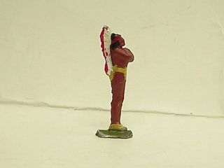   Painted Lead 2 1/4 Indian Chief Wearing Red Tip Headdress Figure