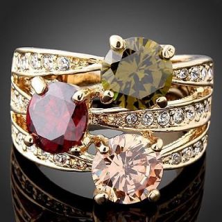 18k yellow gold GP Swarovski Ruby Citrine Peridot Crystal Fashion Ring