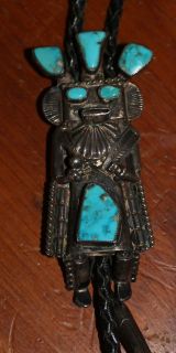 VINTAGE TURQUOISE KACHINA BOLO TIE SIGNED H for HELEN LONG   NAVAJO 